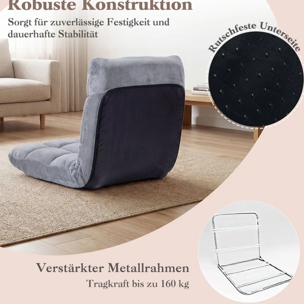 Klappbarer Bodenstuhl Bodensessel mit Verstellbarer Rückenlehne & Hochdichtem Schaumstoff 66,5 x 53 x 53 cm