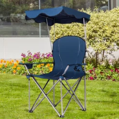Klappbarer Campingstuhl mit Sonnendach Getränkehalter Tragtasche96,5 x 67,5 x 130 cm Blau