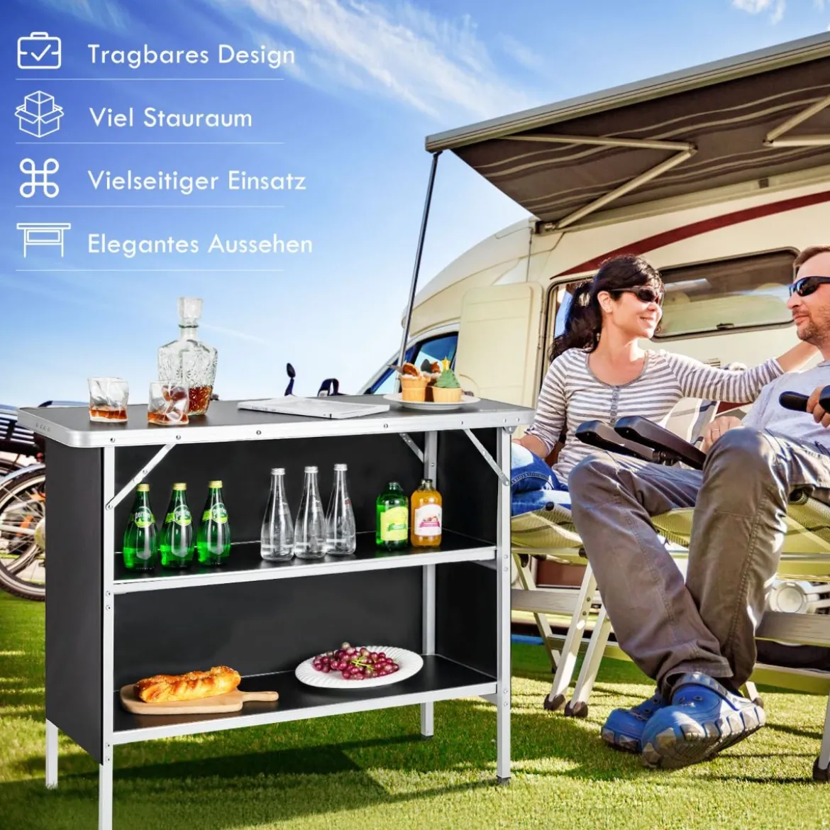 Klappbarer Campingtisch aus Aluminium mit 2-stöckigen Regalen Campingschrank Schwarz