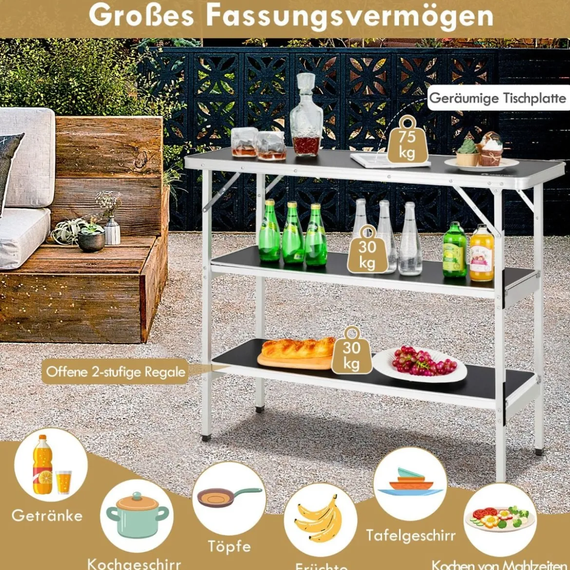Klappbarer Campingtisch aus Aluminium mit 2-stöckigen Regalen Campingschrank Schwarz