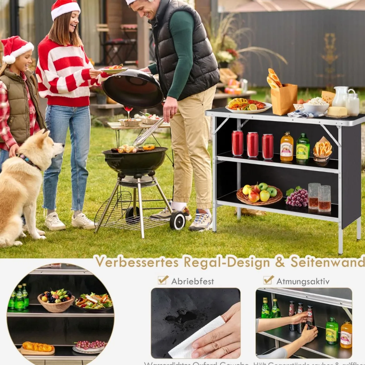 Klappbarer Campingtisch aus Aluminium mit 2-stöckigen Regalen Campingschrank Schwarz