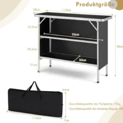 Klappbarer Campingtisch aus Aluminium mit 2-stöckigen Regalen Campingschrank Schwarz