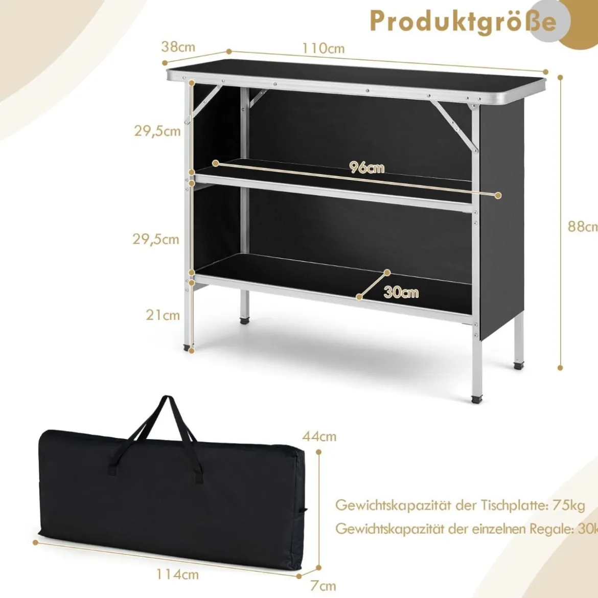 Klappbarer Campingtisch aus Aluminium mit 2-stöckigen Regalen Campingschrank Schwarz