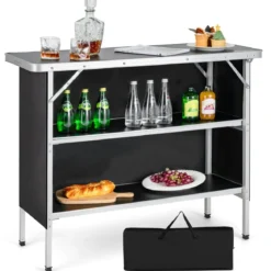 Klappbarer Campingtisch aus Aluminium mit 2-stöckigen Regalen Campingschrank Schwarz