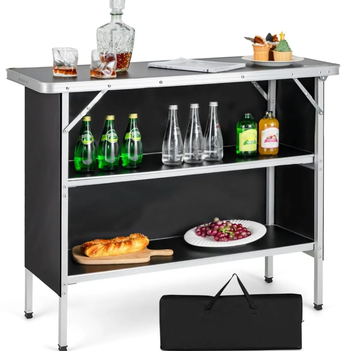 Klappbarer Campingtisch aus Aluminium mit 2-stöckigen Regalen Campingschrank Schwarz