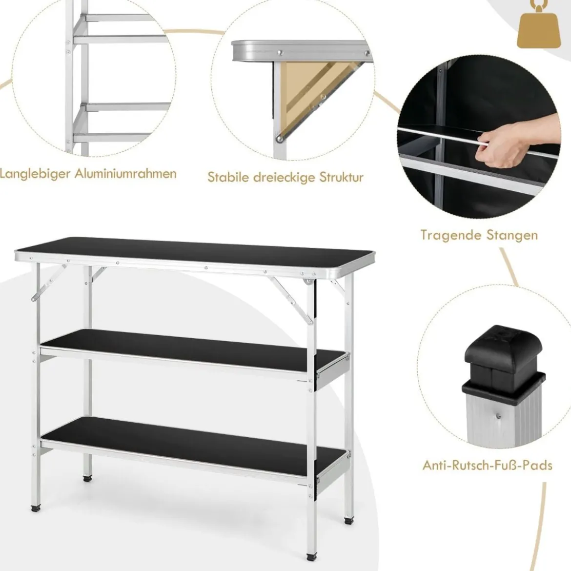 Klappbarer Campingtisch aus Aluminium mit 2-stöckigen Regalen Campingschrank Schwarz