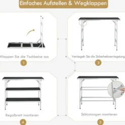 Klappbarer Campingtisch aus Aluminium mit 2-stöckigen Regalen Campingschrank Schwarz