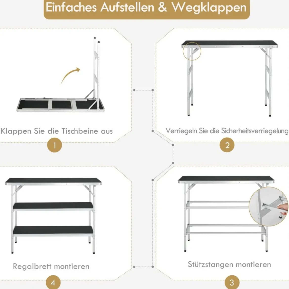 Klappbarer Campingtisch aus Aluminium mit 2-stöckigen Regalen Campingschrank Schwarz