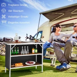 Klappbarer Campingtisch aus Aluminium mit 2-stöckigen Regalen Campingschrank Kaffe