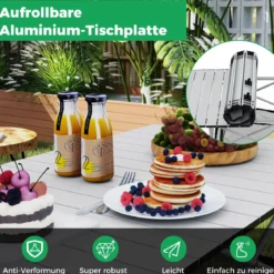 Klappbarer Campingtisch für Terrasse tragbarer Picknicktisch mit aufrollbarer Aluminium-Tischplatte & Netzkorb Silber