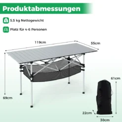 Klappbarer Campingtisch für Terrasse tragbarer Picknicktisch mit aufrollbarer Aluminium-Tischplatte & Netzkorb Silber