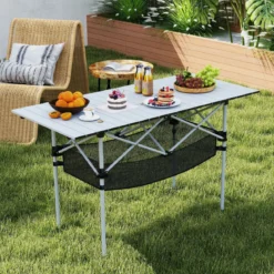 Klappbarer Campingtisch für Terrasse tragbarer Picknicktisch mit aufrollbarer Aluminium-Tischplatte & Netzkorb Silber