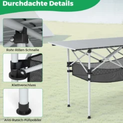 Klappbarer Campingtisch für Terrasse tragbarer Picknicktisch mit aufrollbarer Aluminium-Tischplatte & Netzkorb Silber