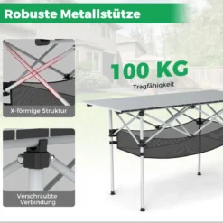 Klappbarer Campingtisch für Terrasse tragbarer Picknicktisch mit aufrollbarer Aluminium-Tischplatte & Netzkorb Silber