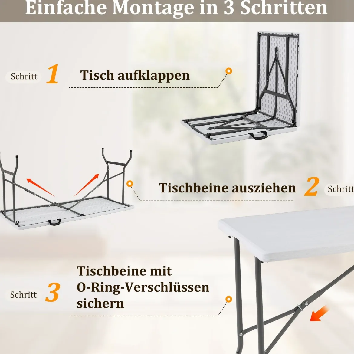 Klappbarer Campingtisch mit HDPE-Tischplatte & Tragegriff Gartentisch Klapptisch 152 x 70 cm Weiß