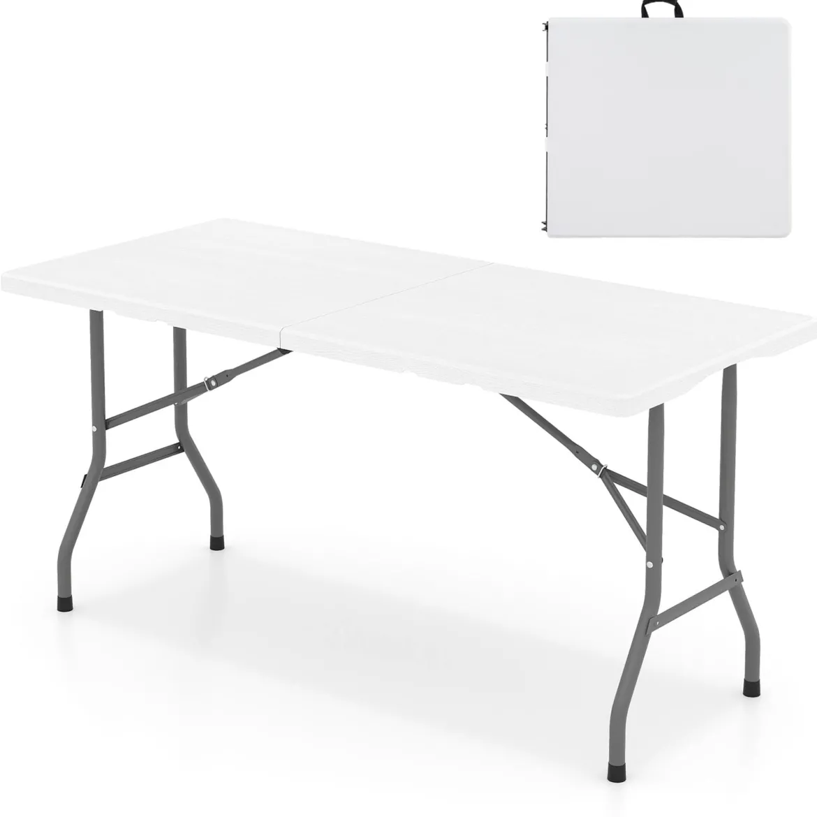 Klappbarer Campingtisch mit HDPE-Tischplatte & Tragegriff Gartentisch Klapptisch 152 x 70 cm Weiß