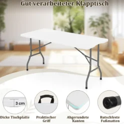 Klappbarer Campingtisch mit HDPE-Tischplatte & Tragegriff Gartentisch Klapptisch 152 x 70 cm Weiß