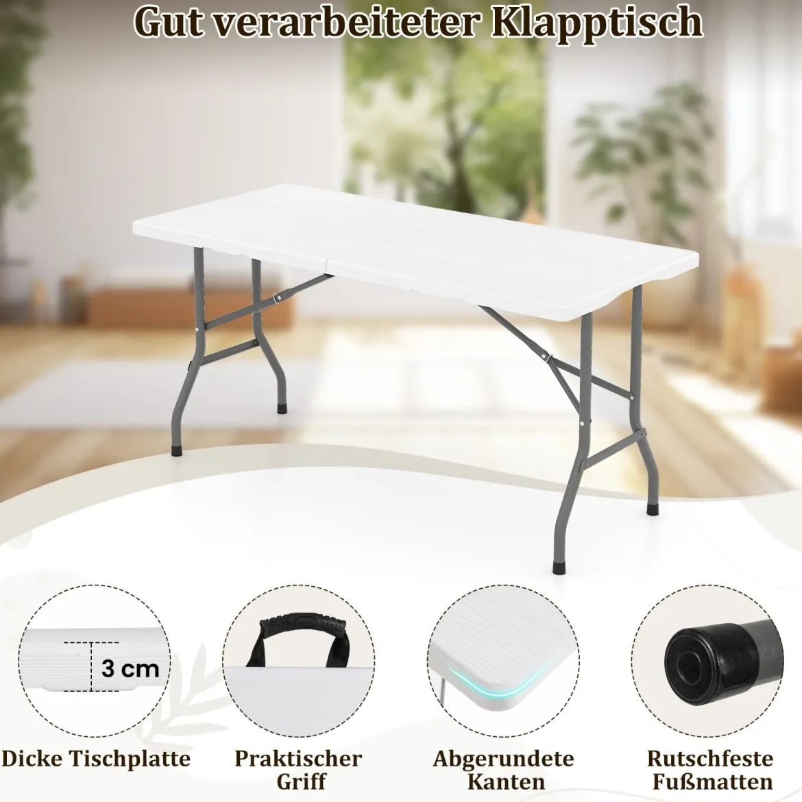 Klappbarer Campingtisch mit HDPE-Tischplatte & Tragegriff Gartentisch Klapptisch 152 x 70 cm Weiß