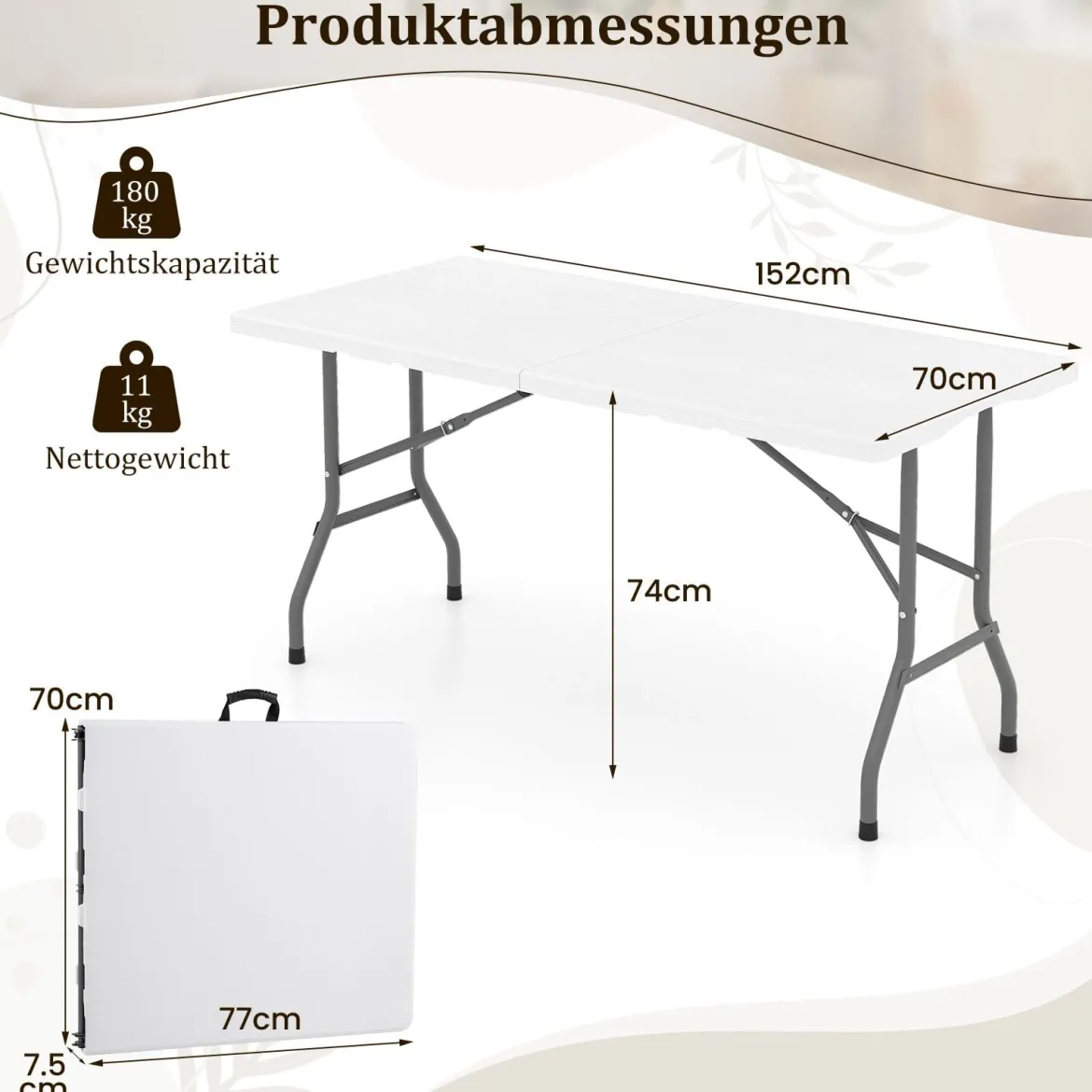 Klappbarer Campingtisch mit HDPE-Tischplatte & Tragegriff Gartentisch Klapptisch 152 x 70 cm Weiß