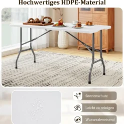 Klappbarer Campingtisch mit HDPE-Tischplatte & Tragegriff Gartentisch Klapptisch 152 x 70 cm Weiß