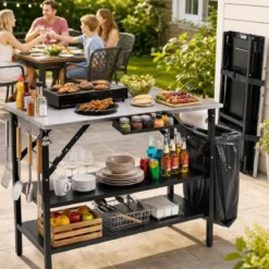 Klappbarer Campingtisch mit 2 Edelstahl Arbeitsplatten Tragbarer Grilltisch mit Gewürzregal