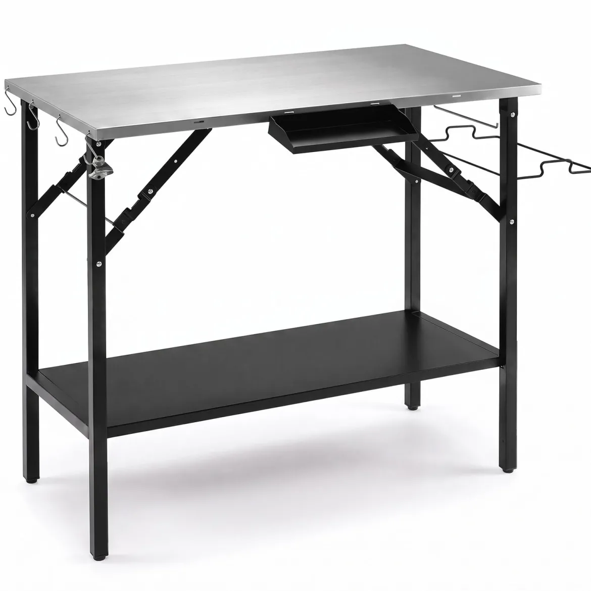 Klappbarer Campingtisch mit 1 Edelstahl Arbeitsplatte Tragbarer Grilltisch mit Gewürzregal