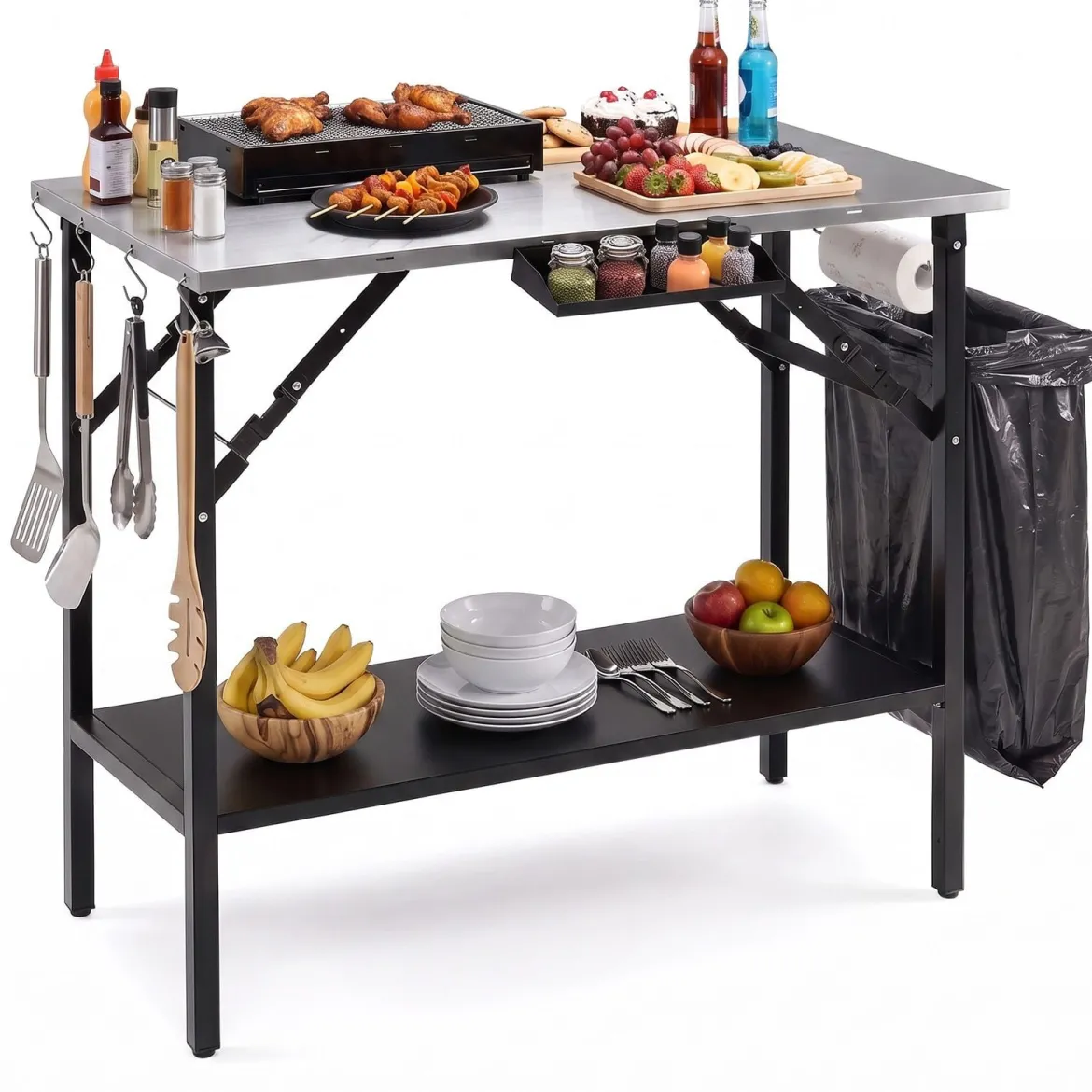 Klappbarer Campingtisch mit 1 Edelstahl Arbeitsplatte Tragbarer Grilltisch mit Gewürzregal