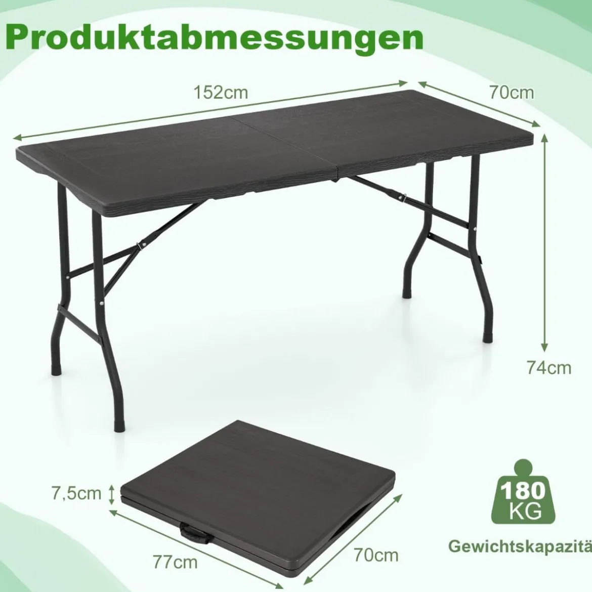 Klappbarer Campingtisch mit HDPE-Tischplatte & Tragegriff Gartentisch Klapptisch 152 x 70 cm