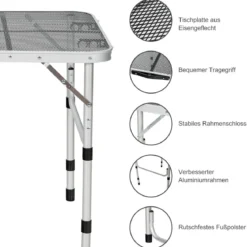 Klappbarer Campingtisch mit Eisengitter und Aluminiumrahmen für Innen- und Außenbereiche Silber