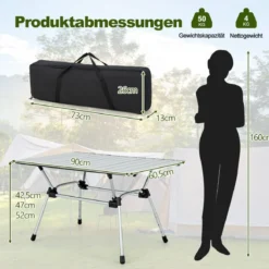 Klappbarer Campingtisch mit Tragetasche 4-stufig Höhenverstellbar 90 x 60,5 x 52 cm Silber