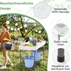 Klappbarer Campingtisch mit Doppelbecken & Schürze & Ablaufschlauch Kühltisch Gartentisch