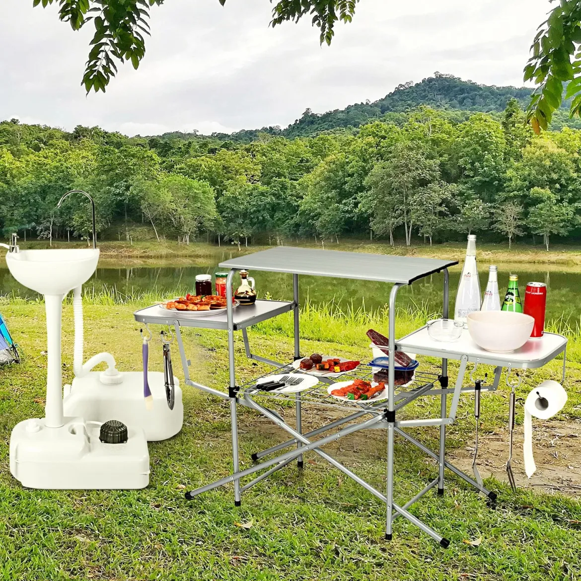 Klappbarer Campingtisch mit Tragetasche Campingküche BBQ Kochstation Falttisch für Grillpartys Silber