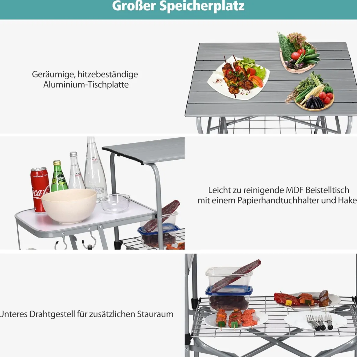 Klappbarer Campingtisch mit Tragetasche Campingküche BBQ Kochstation Falttisch für Grillpartys Silber