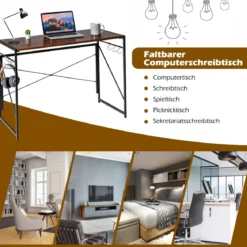 Klappbarer Computertisch Arbeitstisch mit Metallrahmen Laptop-Tisch bis 115 kg belastbar Braun 100 x 50 x 75 cm
