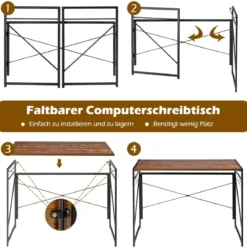 Klappbarer Computertisch Arbeitstisch mit Metallrahmen Laptop-Tisch bis 115 kg belastbar 100 x 50 x 75 cm Rustikales Braun