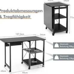 Klappbarer Computertisch mit 2-stufigen Ablagefächern & 6 Rädern Moderner Schreibtisch Schwarz