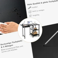 Klappbarer Computertisch mit 2-stufigen Ablagefächern & 6 Rädern Moderner Schreibtisch Schwarz