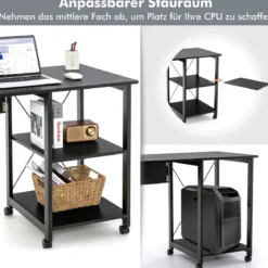 Klappbarer Computertisch mit 2-stufigen Ablagefächern & 6 Rädern Moderner Schreibtisch Schwarz