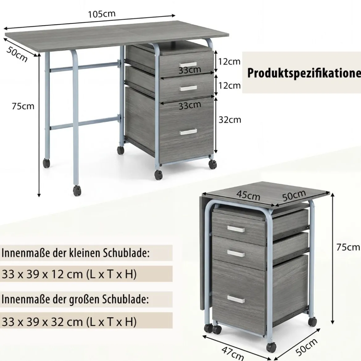 Klappbarer Computertisch mit 3 Schubladen & Rollen Platzsparender Schreibtisch Bürotisch