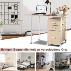 Klappbarer Computertisch mit 3 Schubladen & Rollen Platzsparender Schreibtisch Bürotisch
