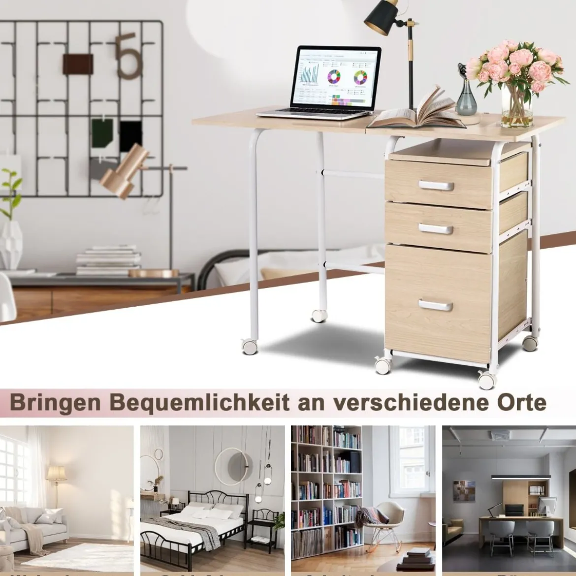 Klappbarer Computertisch mit 3 Schubladen & Rollen Platzsparender Schreibtisch Bürotisch