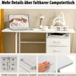 Klappbarer Computertisch mit 3 Schubladen & Rollen Platzsparender Schreibtisch Bürotisch
