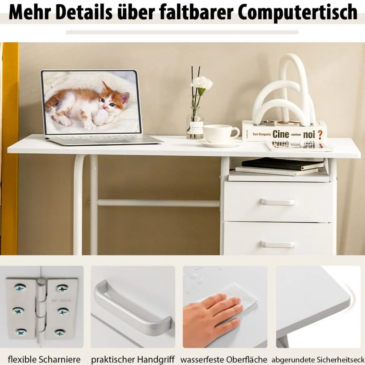 Klappbarer Computertisch mit 3 Schubladen & Rollen Platzsparender Schreibtisch Bürotisch