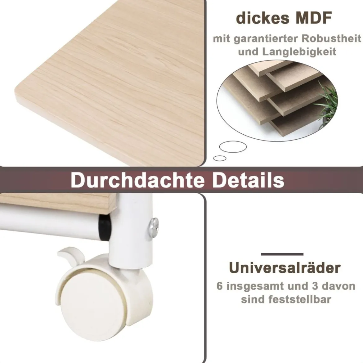 Klappbarer Computertisch mit 3 Schubladen & Rollen Platzsparender Schreibtisch Bürotisch