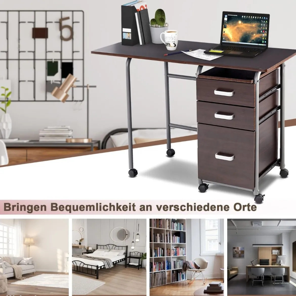 Klappbarer Computertisch mit 3 Schubladen & Rollen Platzsparender Schreibtisch Bürotisch