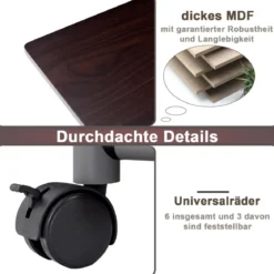 Klappbarer Computertisch mit 3 Schubladen & Rollen Platzsparender Schreibtisch Bürotisch