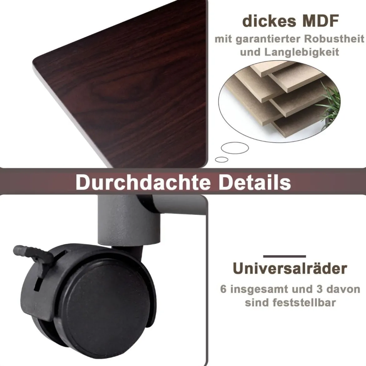 Klappbarer Computertisch mit 3 Schubladen & Rollen Platzsparender Schreibtisch Bürotisch
