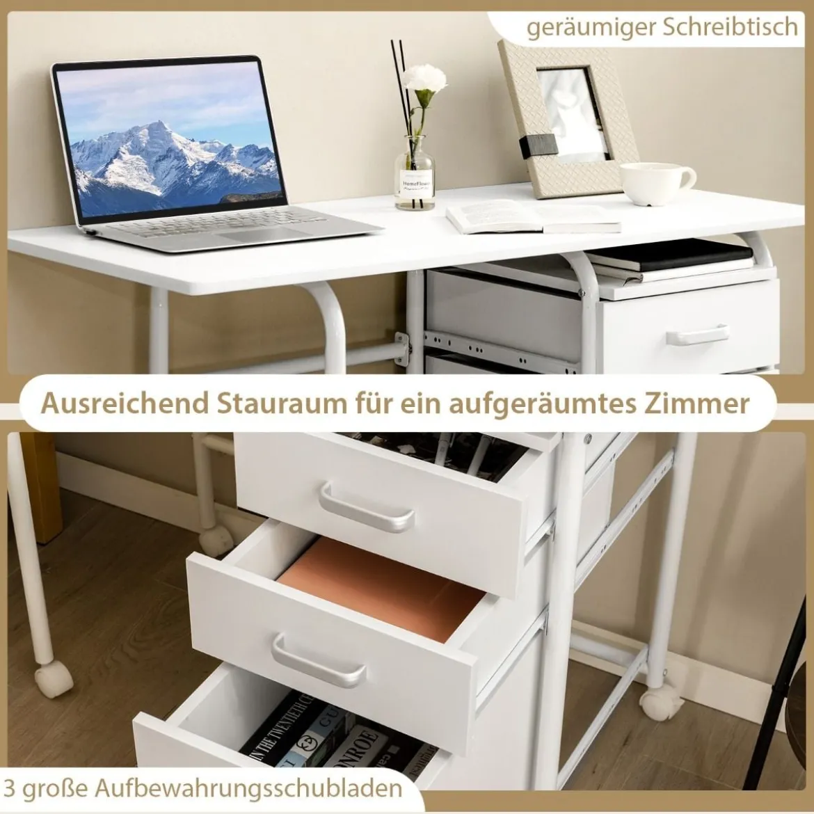 Klappbarer Computertisch mit 3 Schubladen & Rollen Platzsparender Schreibtisch Bürotisch
