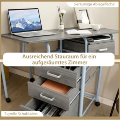 Klappbarer Computertisch mit 3 Schubladen & Rollen Platzsparender Schreibtisch Bürotisch