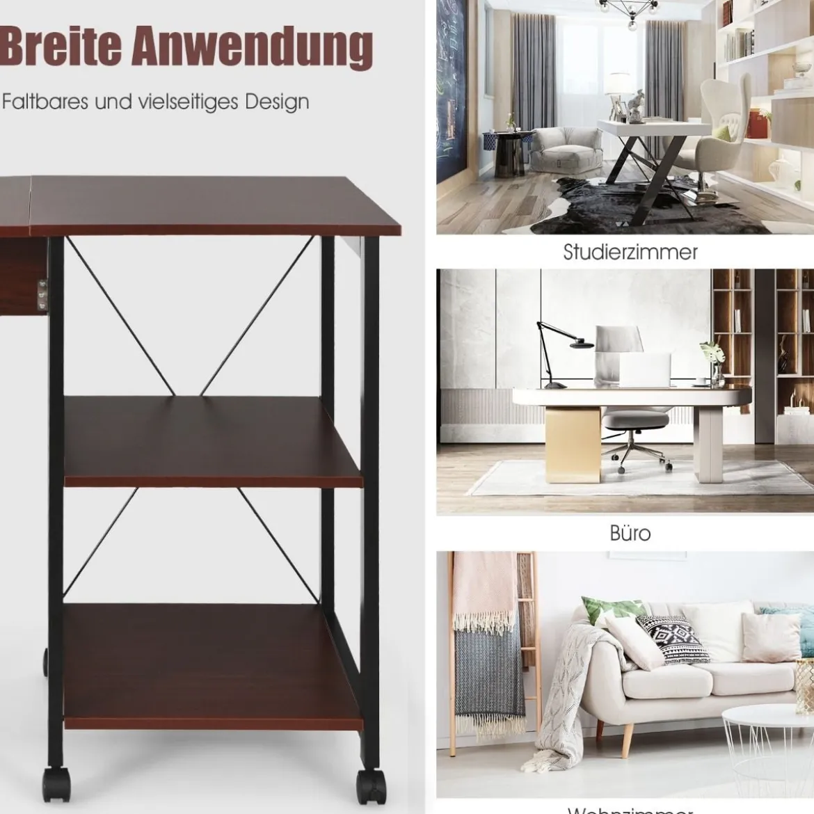 Klappbarer Computertisch Moderner Schreibtisch mit 2-stufigen Ablagefächern 107,5 x 54 x 77 cm Braun